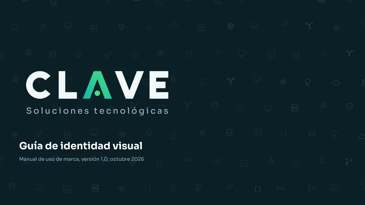 Portada de la guía de identidad visual de CLAVE, con el logotipo sobre fondo oscuro y el patrón tecnológico de la marca